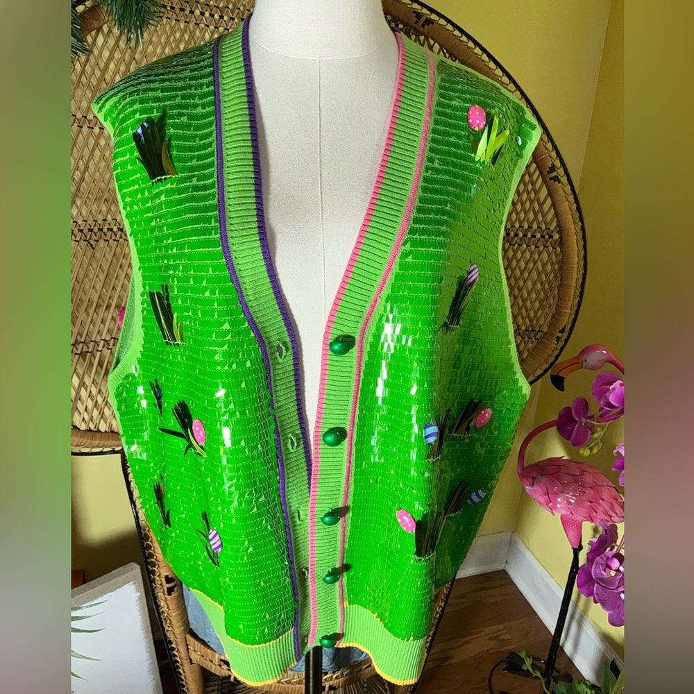 Queen of Sparkles NWT Sequin Easter Egg Grass Vest Size XL - Picture 9 of 11